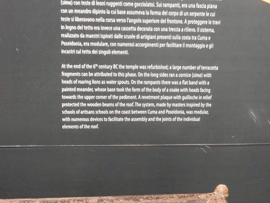 VIII.7.31 Pompeii, May 2018. Display information notice-board. 
The temple was refurbished at the end of the 6th Century BC and a large number of terracotta fragments have been found from this phase.
Photo courtesy of Buzz Ferebee.