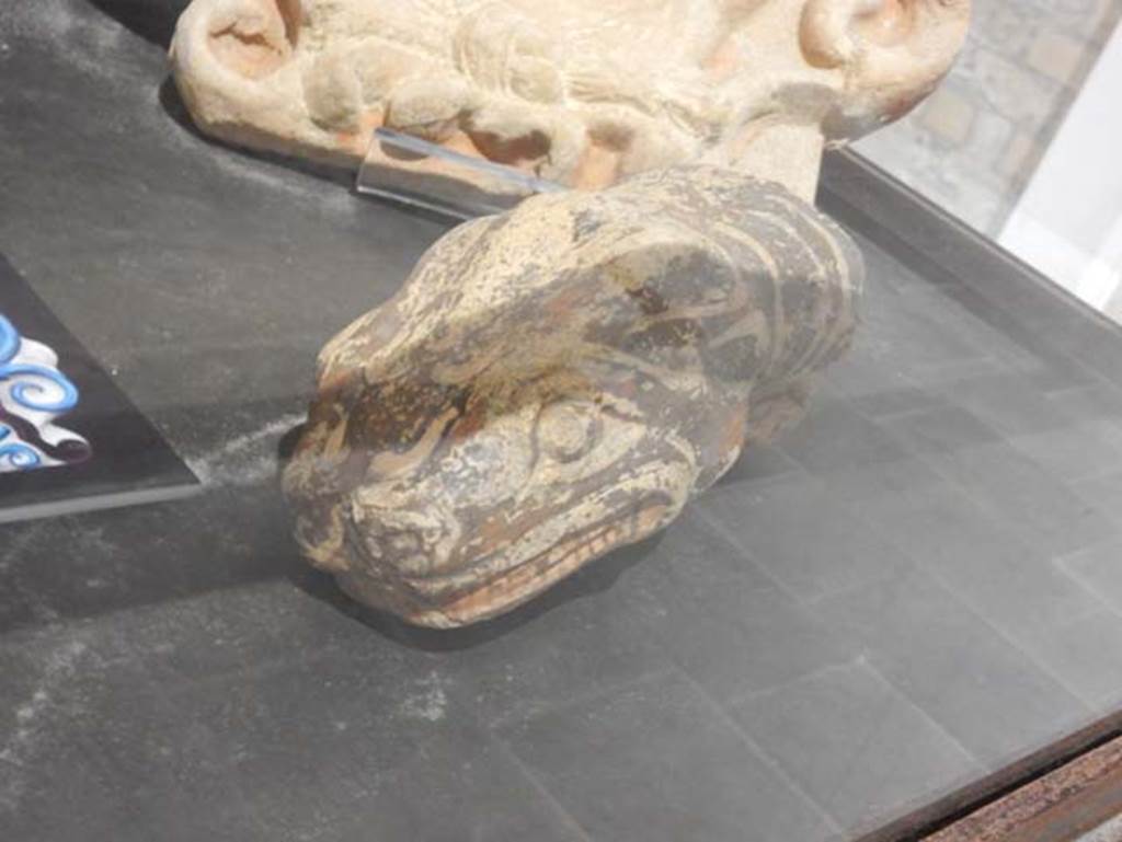 VIII.7.31 Pompeii, May 2018. Snake head from roof, front view.
Photo courtesy of Buzz Ferebee.