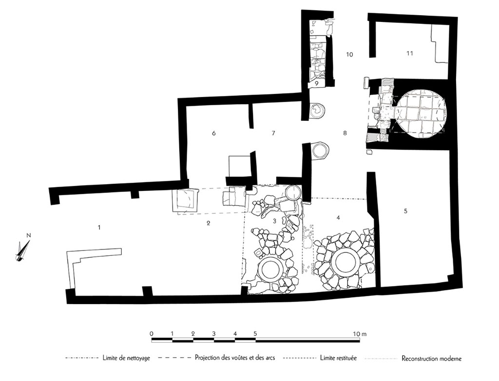 Fig. 59 – Pompéi, boulangerie IX 1, 3.33 – Relevé de l’ensemble de la boulangerie.
Échelle : 1/100.
Relevé / dessin : F. Fouriaux / S. Aho / A. Dufond / B. Bauvit / S. Mencarelli – EFR.