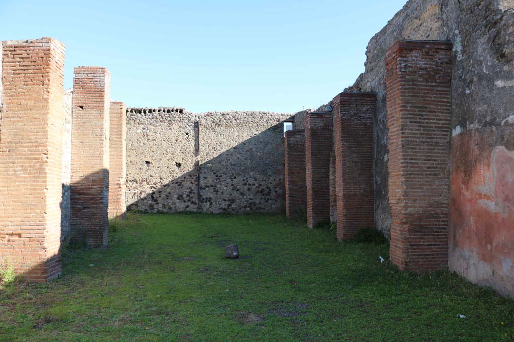 IX.1.5 Pompeii. December 2018. 
Looking towards south-east corner and south wall with remaining red wall panels. Photo courtesy of Aude Durand.