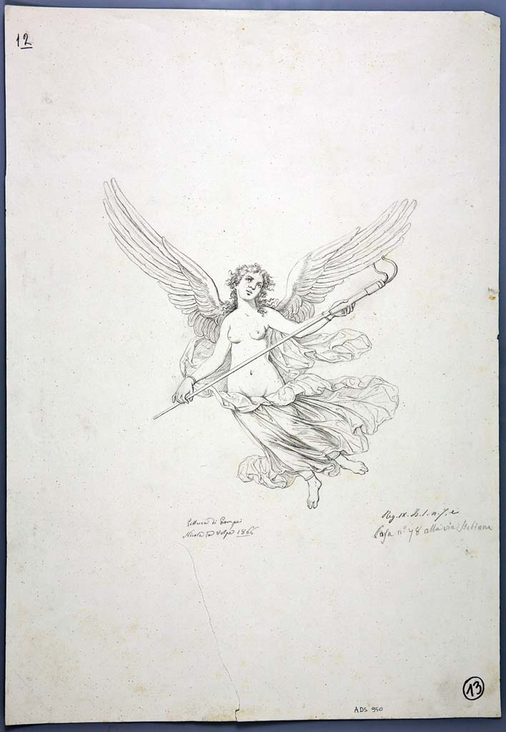 IX.1.7 Pompeii. Drawing by Nicola La Volpe,1866, of a Nike in flight from south wall of triclinium.
Now in Naples Archaeological Museum. Inventory number ADS 950.
Photo © ICCD. http://www.catalogo.beniculturali.it
Utilizzabili alle condizioni della licenza Attribuzione - Non commerciale - Condividi allo stesso modo 2.5 Italia (CC BY-NC-SA 2.5 IT)