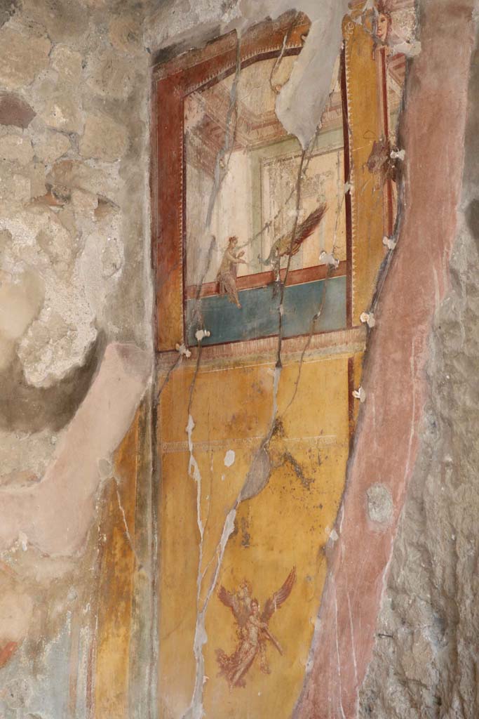 IX.1.7 Pompeii. December 2018. 
North-west corner of triclinium with remains of painted decoration on north wall.
Photo courtesy of Aude Durand.