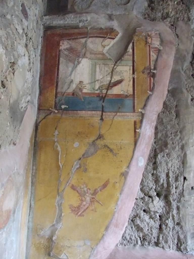IX.1.7 Pompeii. December 2007. North-west corner of triclinium with remains of painted decoration on north wall. 
The Herm on the right side of the remaining painted plaster was topped by the head of Dionysus, and can just be seen.
