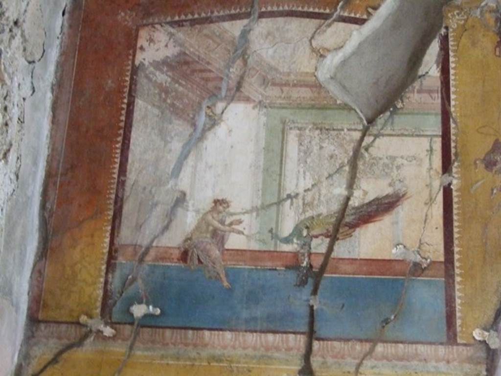 IX.1.7 Pompeii. December 2007. Wall painting of woman with peacock, in north-west corner of triclinium.