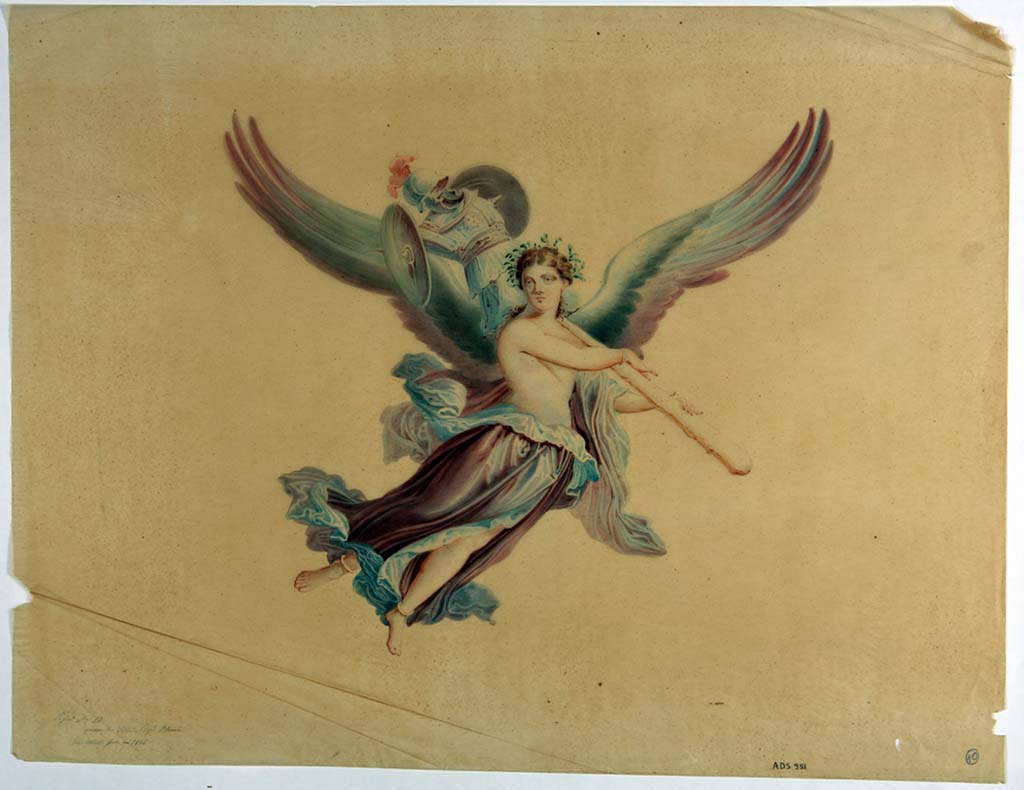 IX.1.7 Pompeii. Painting by Giuseppe Abbate, 1866, of Nike from north wall in north-west corner of triclinium.
See Helbig, W., 1868. Wandgemälde der vom Vesuv verschütteten Städte Campaniens. Leipzig: Breitkopf und Härtel, (903).
Now in Naples Archaeological Museum. Inventory number ADS 951.
Photo © ICCD. http://www.catalogo.beniculturali.it
Utilizzabili alle condizioni della licenza Attribuzione - Non commerciale - Condividi allo stesso modo 2.5 Italia (CC BY-NC-SA 2.5 IT)