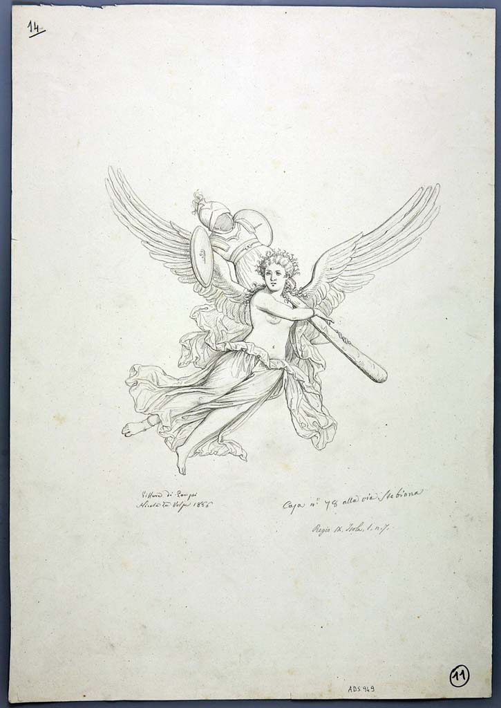 IX.1.7 Pompeii. Drawing by Nicola La Volpe, 1866, of Nike from west end of north wall.
Now in Naples Archaeological Museum. Inventory number ADS 949.
Photo © ICCD. http://www.catalogo.beniculturali.it
Utilizzabili alle condizioni della licenza Attribuzione - Non commerciale - Condividi allo stesso modo 2.5 Italia (CC BY-NC-SA 2.5 IT)