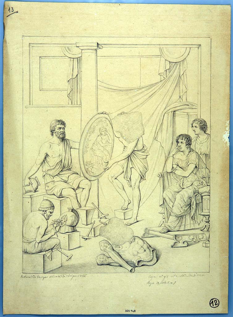 IX.1.7 Pompeii. Drawing by Nicola La Volpe, 1866, of painting of Thetis in the workshop of Hephaistos from centre of north wall.
Now in Naples Archaeological Museum. Inventory number ADS 948.
Photo © ICCD. http://www.catalogo.beniculturali.it
Utilizzabili alle condizioni della licenza Attribuzione - Non commerciale - Condividi allo stesso modo 2.5 Italia (CC BY-NC-SA 2.5 IT)