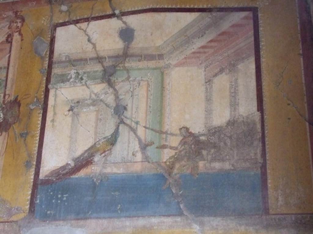 IX.1.7 Pompeii. December 2007. Painting of figure with peacock from north wall of triclinium in north-east corner.