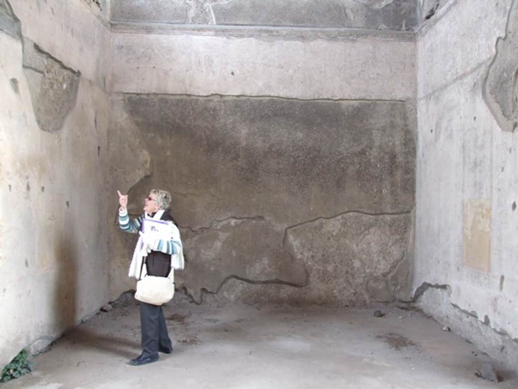 IX.1.20 Pompeii. December 2007. Room 9, triclinium or dining room on east side of tablinum. Looking east. The doorway from the atrium would be on the right, just out of photograph.
This room contained a series of paintings illustrating the musical contest between Apollo and Marsyas. They are now hardly visible.   Mau states that on the two panels in the north-east corner and two panels in the south-east corner were the Muses, who were acting as judges in the contest of skill between Apollo and Marsyas.  
See Mau, A., 1907, translated by Kelsey F. W. Pompeii: Its Life and Art. New York: Macmillan. (p.312).
Schefold has sketches of Thalia, Urania, Euterpe, Terpsichore and Melpomene.  
See Schefold, K., 1962. Vergessenes Pompeji. Bern: Francke. (T.173,2-4, 174).