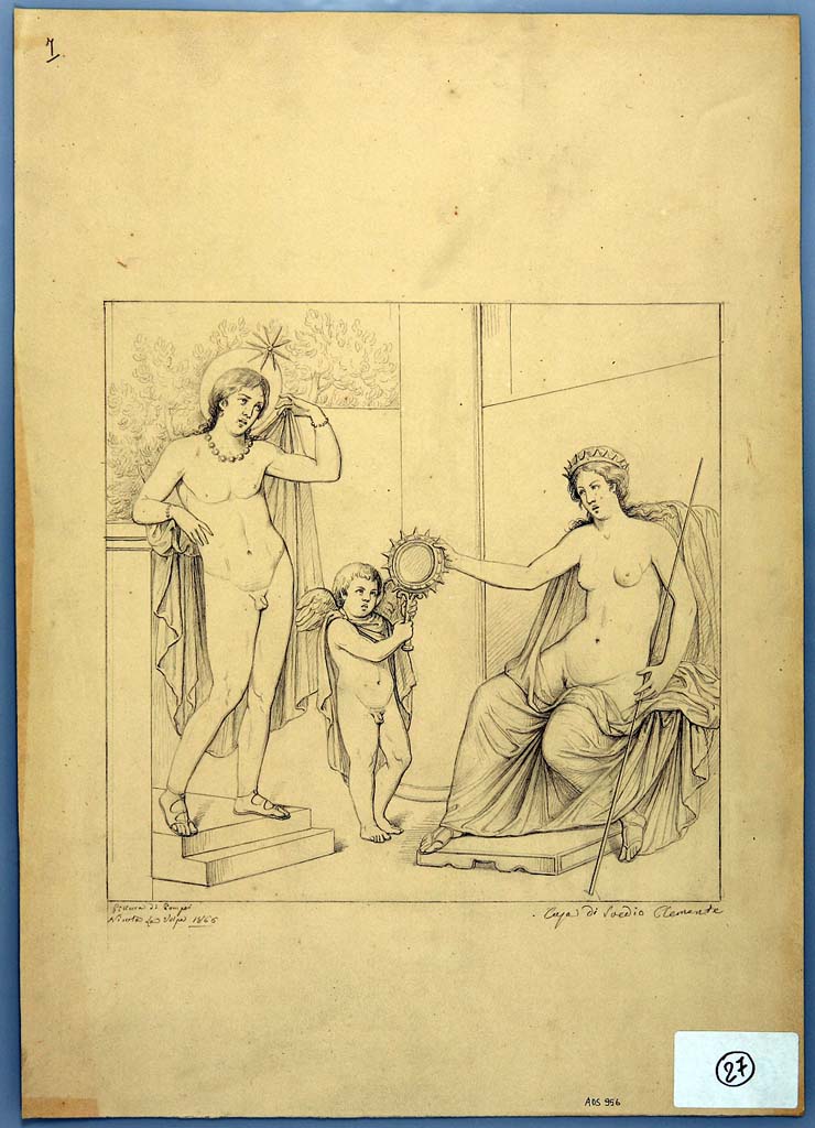 IX.1.20 Pompeii. Room 9, centre of east wall of triclinium.
Drawing by Nicola La Volpe, 1866, of painting of Hesperus and Venus with a cupid, now in mediocre condition and faded from east wall.
Hesperus has a halo round his head with a star. 
His left hand holds his yellow mantle and he is wearing bracelets, anklets and necklace.
Venus sits on the right, in a green robe, wearing a tiara and with her sceptre in the left hand.
With her right hand she is touching a mirror that a cupid holds out.
See Helbig, W., 1868. Wandgemälde der vom Vesuv verschütteten Städte Campaniens. Leipzig: Breitkopf und Härtel, (967b).
Now in Naples Archaeological Museum. Inventory number ADS 956.
Photo © ICCD. http://www.catalogo.beniculturali.it
Utilizzabili alle condizioni della licenza Attribuzione - Non commerciale - Condividi allo stesso modo 2.5 Italia (CC BY-NC-SA 2.5 IT)