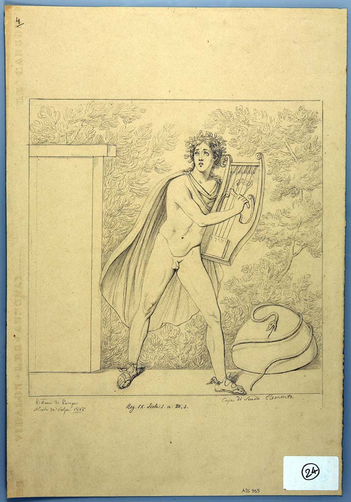 IX.1.20 Pompeii. Drawing by Nicola La Volpe, 1866, of painting from north wall of triclinium, described as “from the Casa di Suedio Clemente”. 
Apollo with lyre, near an altar and omphalos with serpent. 
See Helbig, W., 1868. Wandgemälde der vom Vesuv verschütteten Städte Campaniens. Leipzig: Breitkopf und Härtel, (231).
Now in Naples Archaeological Museum. Inventory number ADS 955.
Photo © ICCD. http://www.catalogo.beniculturali.it
Utilizzabili alle condizioni della licenza Attribuzione - Non commerciale - Condividi allo stesso modo 2.5 Italia (CC BY-NC-SA 2.5 IT)