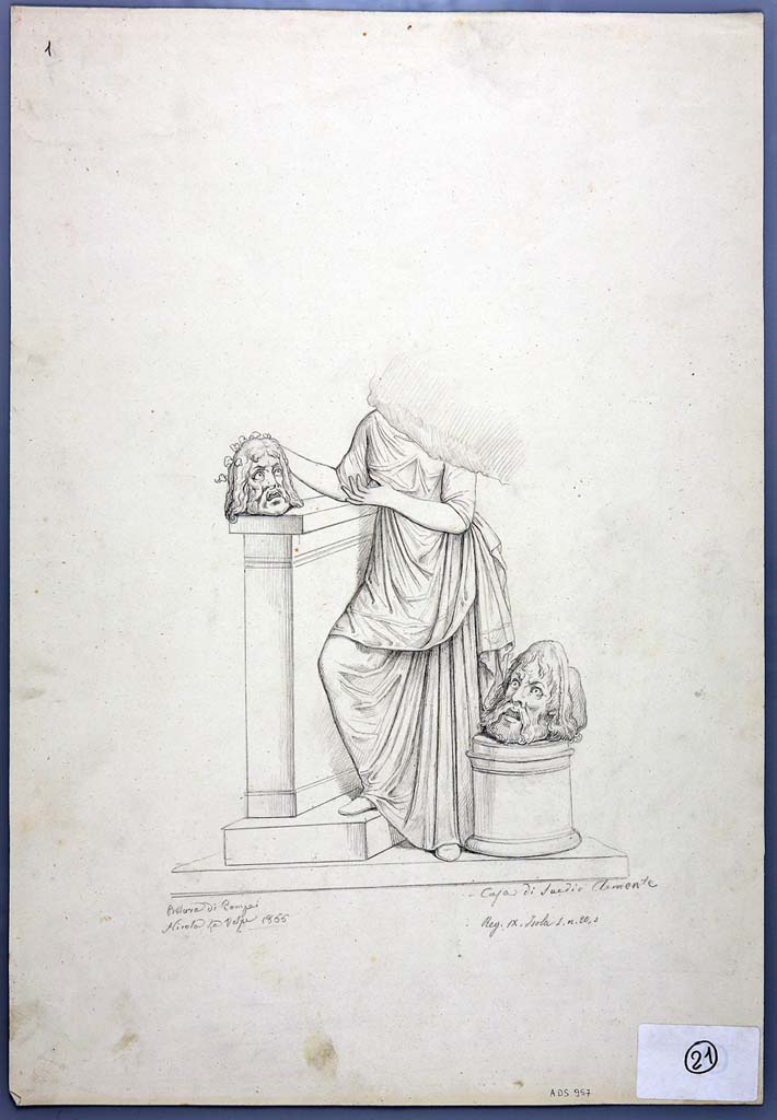 IX.1.20 Pompeii. Drawing by Nicola La Volpe, 1866, of painting of the Muse Melpomene with two tragic masks, from the east end of north wall of triclinium, but now completely faded. 
See Helbig, W., 1868. Wandgemälde der vom Vesuv verschütteten Städte Campaniens. Leipzig: Breitkopf und Härtel, (874b).
Now in Naples Archaeological Museum. Inventory number ADS 957.
Photo © ICCD. http://www.catalogo.beniculturali.it
Utilizzabili alle condizioni della licenza Attribuzione - Non commerciale - Condividi allo stesso modo 2.5 Italia (CC BY-NC-SA 2.5 IT)