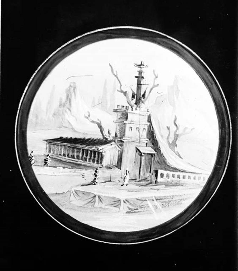 IX.1.22 Pompeii. W.1431. 
Medallion with landscape, from an unknown location on a wall of the atrium, now faded/disappeared.
Painted c. July 1880. 
Photo by Tatiana Warscher. Photo © Deutsches Archäologisches Institut, Abteilung Rom, Arkiv.