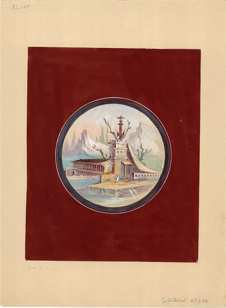 IX.1.22 Pompeii. Painted 25th July 1880. 
Medallion with landscape, from an unknown location on a wall of the atrium, now faded/disappeared.
DAIR 83.215. Photo © Deutsches Archäologisches Institut, Abteilung Rom, Arkiv.