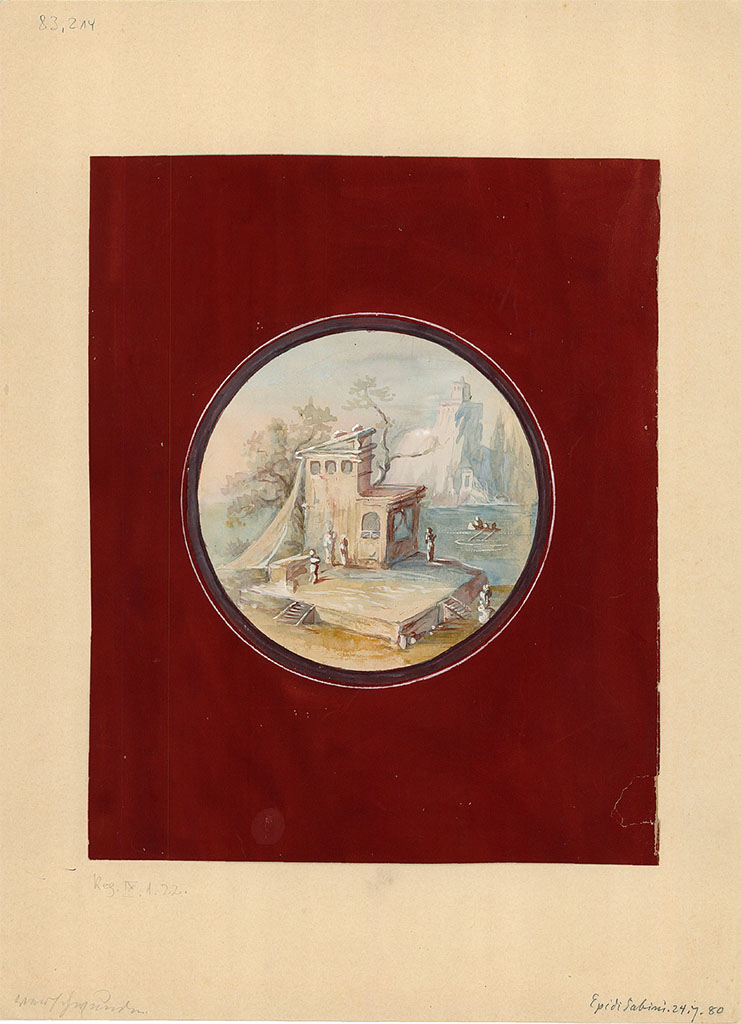IX.1.22 Pompeii. Painted 24th July 1880. 
Medallion with landscape, from an unknown location on a wall of the atrium, now faded and disappeared.
DAIR 83.214. Photo © Deutsches Archäologisches Institut, Abteilung Rom, Arkiv.