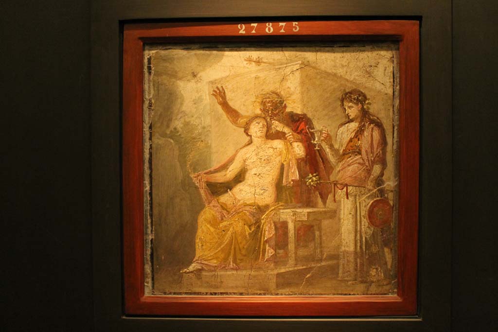 IX.1.22 Pompeii. July 2017. Painting of Hermaphrodite and Silenus. Found in tablinum of IX.1.22 Pompeii, from west wall.  
Now in Naples Archaeological Museum. Inventory number 27875.
Foto Annette Haug, ERC Grant 681269 DÉCOR.