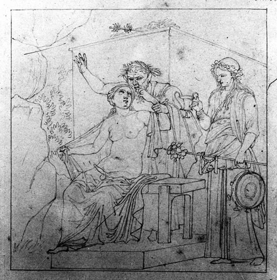 231936 Bestand-D-DAI-ROM-W.351.jpg
IX.1.22 Pompeii. W.351. Room 7, drawing of Hermaphrodite and Silenus from centre of west wall of tablinum.
Now in Naples Archaeological Museum, inventory number 27875.
Photo by Tatiana Warscher. Photo © Deutsches Archäologisches Institut, Abteilung Rom, Arkiv. 
See Helbig, W., 1868. Wandgemälde der vom Vesuv verschütteten Städte Campaniens. Leipzig: Breitkopf und Härtel. (1371b).