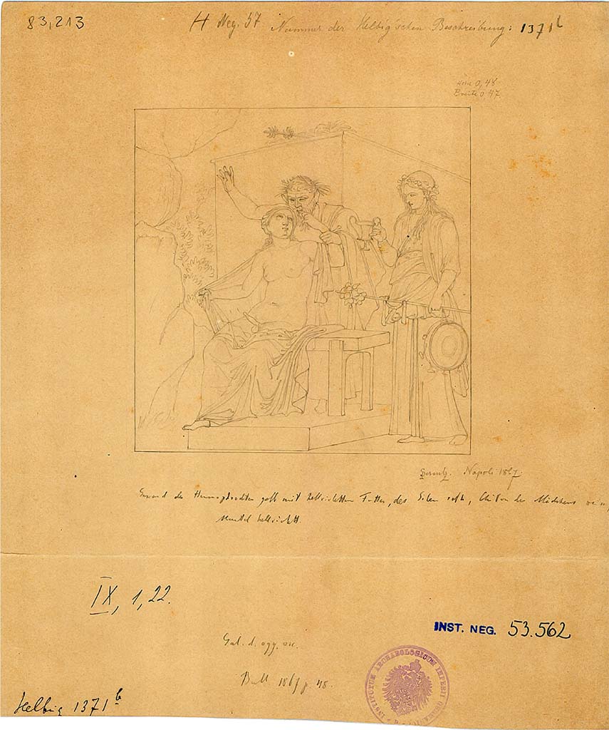 IX.1.22 Pompeii. W.351. Room 7, drawing of Hermaphrodite and Silenus from centre of west wall of tablinum.
Now in Naples Archaeological Museum, inventory number 27875.
DAIR 83.213. Photo © Deutsches Archäologisches Institut, Abteilung Rom, Arkiv. 
See Helbig, W., 1868. Wandgemälde der vom Vesuv verschütteten Städte Campaniens. Leipzig: Breitkopf und Härtel. (1371b).