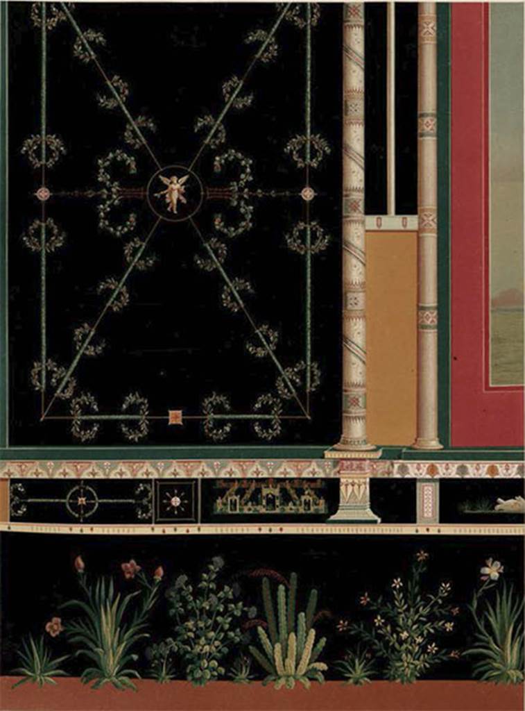 IX.1.22 Pompeii. Room 19, reconstruction drawing of west wall.
See Mau, A. 1882. Geschichte der Decorativen Wandmalerei in Pompeji. Berlin: Reimer, Tav. 16.