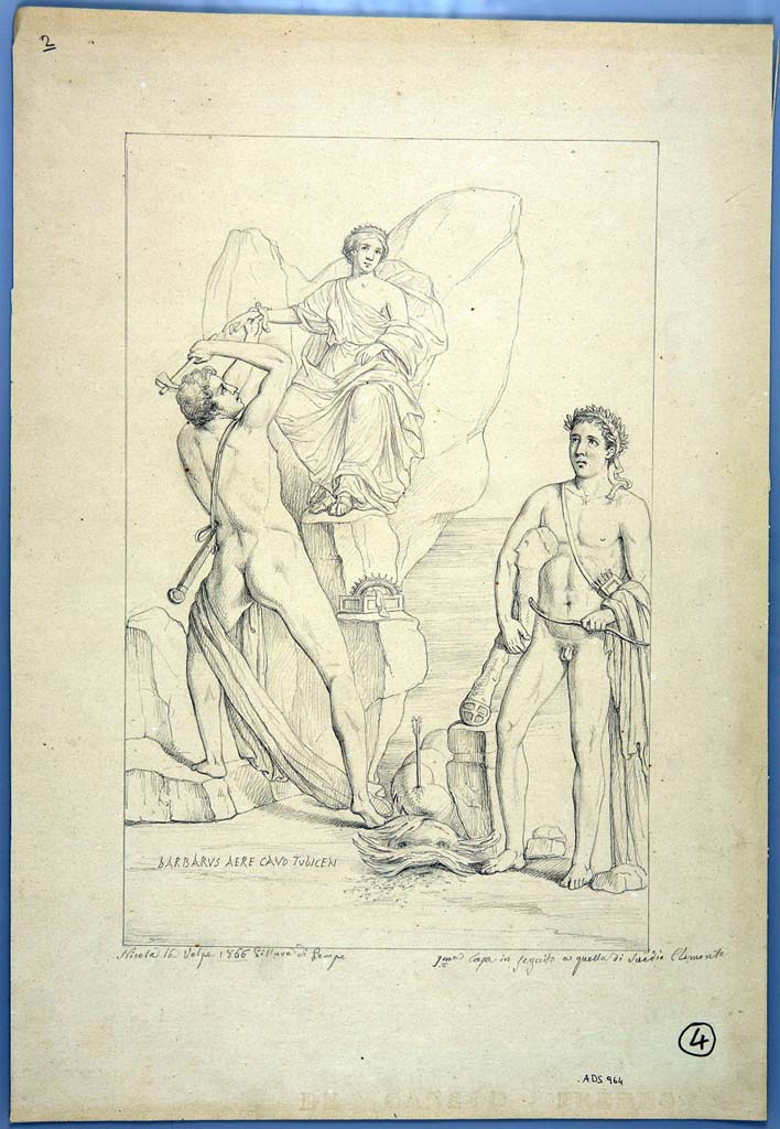 IX.1.22 Pompeii. Room 21, west wall.
Drawing by Nicola La Volpe, 1866, of painting seen on west wall showing Telamon and Hercules rescuing Hesione, but now nothing remains of it.
The drawing also showed the painted wording - BARBARUS AERE CAVO TUBICEN, seen at the time of excavation.
Now in Naples Archaeological Museum. Inventory number ADS 964.
Photo © ICCD. http://www.catalogo.beniculturali.it
Utilizzabili alle condizioni della licenza Attribuzione - Non commerciale - Condividi allo stesso modo 2.5 Italia (CC BY-NC-SA 2.5 IT)