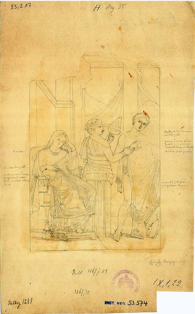 IX.1.22 Pompeii. 1867. Room 21, drawing of painting from centre of east wall showing Phaedra and Hippolytus.
DAIR 83.217. Photo © Deutsches Archäologisches Institut, Abteilung Rom, Arkiv. 
See Helbig, W., 1868. Wandgemälde der vom Vesuv verschütteten Städte Campaniens. Leipzig: Breitkopf und Härtel, (1243).