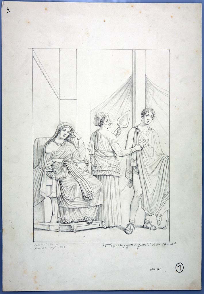 IX.1.22 Pompeii. Room 21, centre of east wall. 
Drawing by Nicola La Volpe, 1866, of painting of Phaedra and Hippolytus, and the nurse, from the centre of the east wall.
See Helbig, W., 1868. Wandgemälde der vom Vesuv verschütteten Städte Campaniens. Leipzig: Breitkopf und Härtel, (1243).
Now in Naples Archaeological Museum. Inventory number ADS 965.
Photo © ICCD. http://www.catalogo.beniculturali.it
Utilizzabili alle condizioni della licenza Attribuzione - Non commerciale - Condividi allo stesso modo 2.5 Italia (CC BY-NC-SA 2.5 IT)