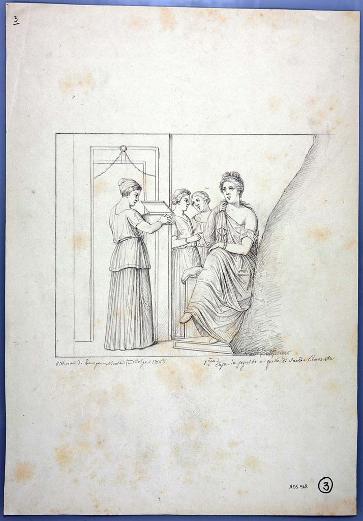 IX.1.22 Pompeii. Drawing by Nicola La Volpe, 1866, of painting of the Toilette di Venere, now faded and lost.
This painting was found very ruined at the time of excavation but documented by this drawing seen in the centre of the south wall, before it was finally lost forever.
Now in Naples Archaeological Museum. Inventory number ADS 968.
Photo © ICCD. http://www.catalogo.beniculturali.it
Utilizzabili alle condizioni della licenza Attribuzione - Non commerciale - Condividi allo stesso modo 2.5 Italia (CC BY-NC-SA 2.5 IT)