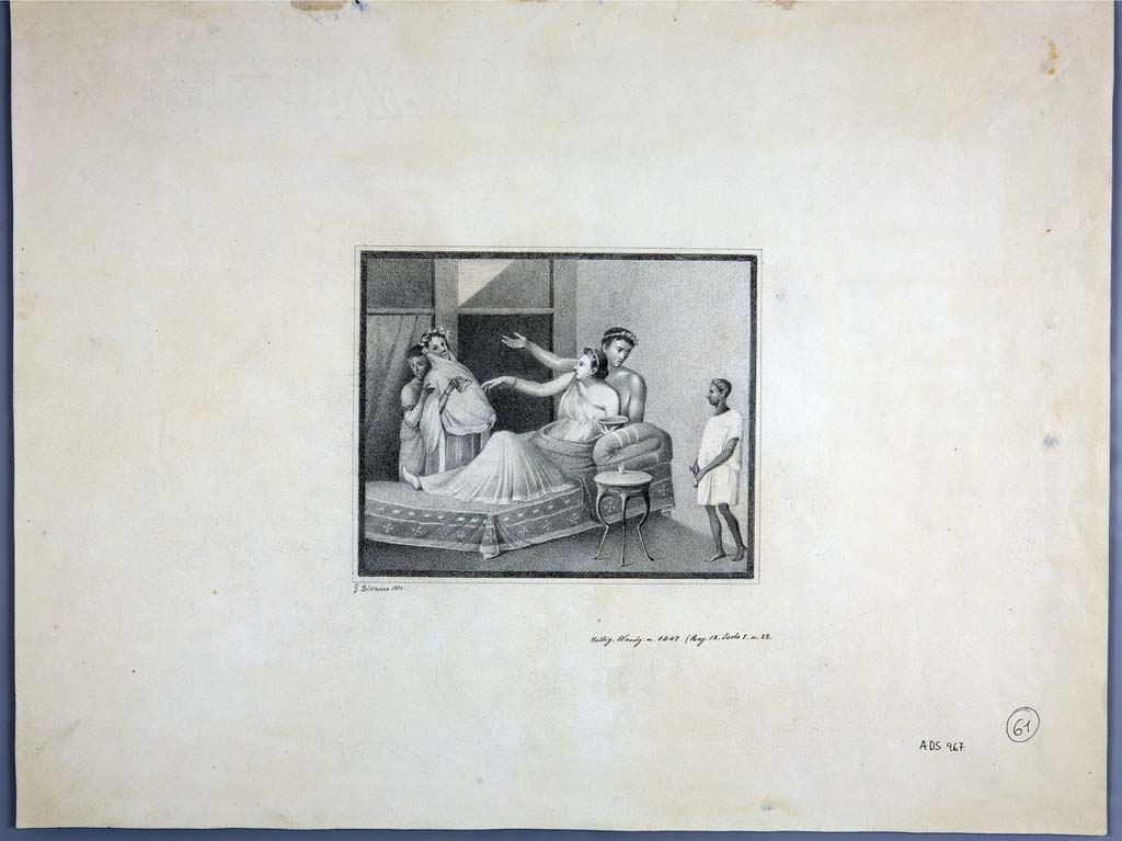IX.1.22 Pompeii. Drawing by Geremia Discanno, 1870, of a trace of a painting seen on the east wall of the cubiculum.
Now in Naples Archaeological Museum. Inventory number ADS 967.
Photo © ICCD. http://www.catalogo.beniculturali.it
Utilizzabili alle condizioni della licenza Attribuzione - Non commerciale - Condividi allo stesso modo 2.5 Italia (CC BY-NC-SA 2.5 IT)