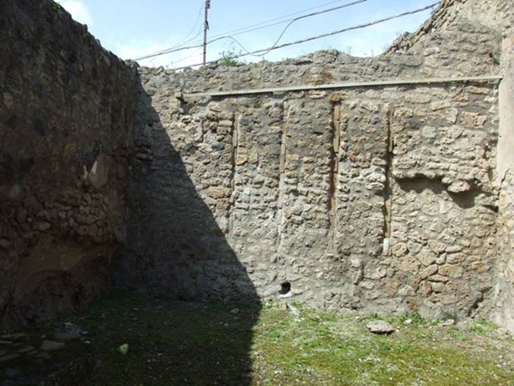 IX.1.27 Pompeii. March 2009. North wall.
According to Warscher – 
“In the north wall are three narrow vertical strips that mark the place where wooden planks were embedded into the wall, perhaps for the purpose of reinforcing the stucco. No satisfactory explanation has been given so far.”
She also quotes similar examples at VI.11.10, and VII.2.6.  
See Warscher, T. Codex Topographicus Pompeianus, IX.1. (1943), Swedish Institute, Rome. (no.143), p. 249.