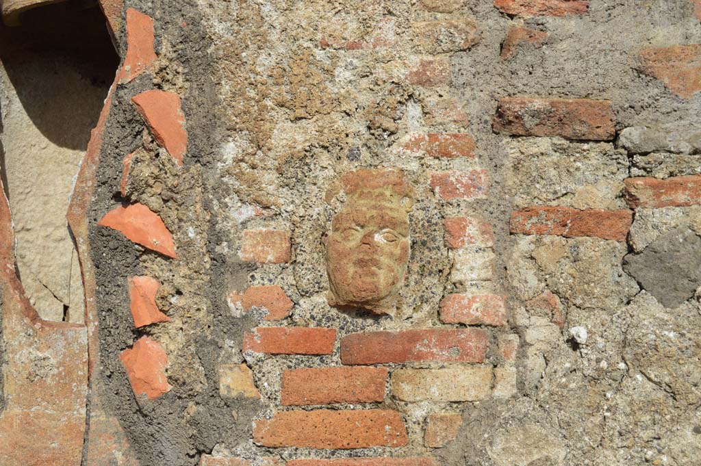 IX.2.2, on left, and IX.2.3, on right. March 2018. 
Detail from central pilaster with downpipe. In the centre of the pilaster is a small terracotta face.
Foto Taylor Lauritsen, ERC Grant 681269 DÉCOR.