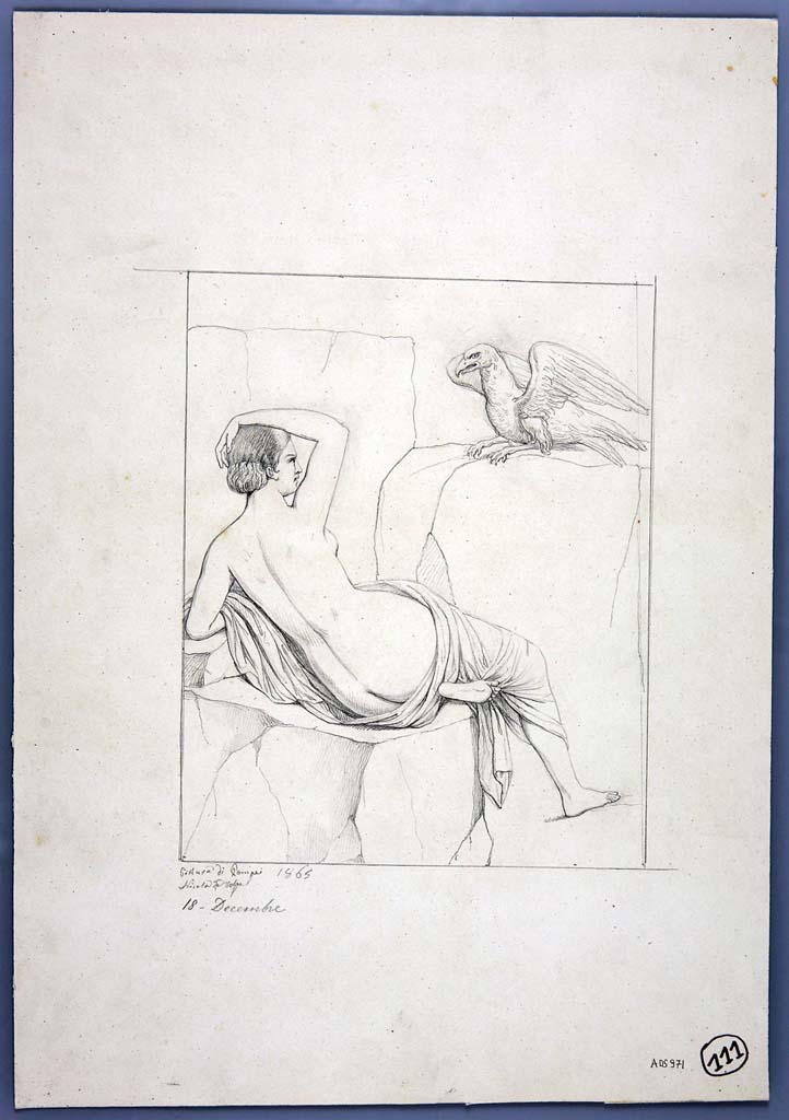 IX.2.7 Pompeii. Drawing by Nicola La Volpe, 18th December 1865, of painting of Ganymede and the eagle, from east wall of cubiculum, now totally lost.
According to Breton, this portrays Jupiter's Eagle holding in its beak the Phrygian cap it had just removed from the sleeping Ganymede.
See Breton, Ernest. 1855. Pompeia, decrite et dessine: Seconde édition. Paris, Baudry, p. 344-5.
Now in Naples Archaeological Museum. Inventory number ADS 971.
Photo © ICCD. http://www.catalogo.beniculturali.it
Utilizzabili alle condizioni della licenza Attribuzione - Non commerciale - Condividi allo stesso modo 2.5 Italia (CC BY-NC-SA 2.5 IT)