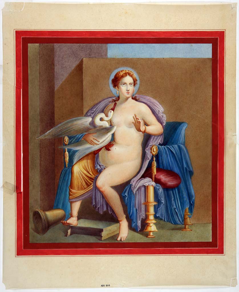 IX.2.7 Pompeii. Painting from west wall, north of the doorway of the triclinium, now completely faded from the wall. 
Old 19th century copy of the painting with Leda and the swan, but Artist unknown.
See Helbig, W., 1868. Wandgemälde der vom Vesuv verschütteten Städte Campaniens. Leipzig: Breitkopf und Härtel, (143).
Now in Naples Archaeological Museum. Inventory number ADS 973.
Photo © ICCD. http://www.catalogo.beniculturali.it
Utilizzabili alle condizioni della licenza Attribuzione - Non commerciale - Condividi allo stesso modo 2.5 Italia (CC BY-NC-SA 2.5 IT)