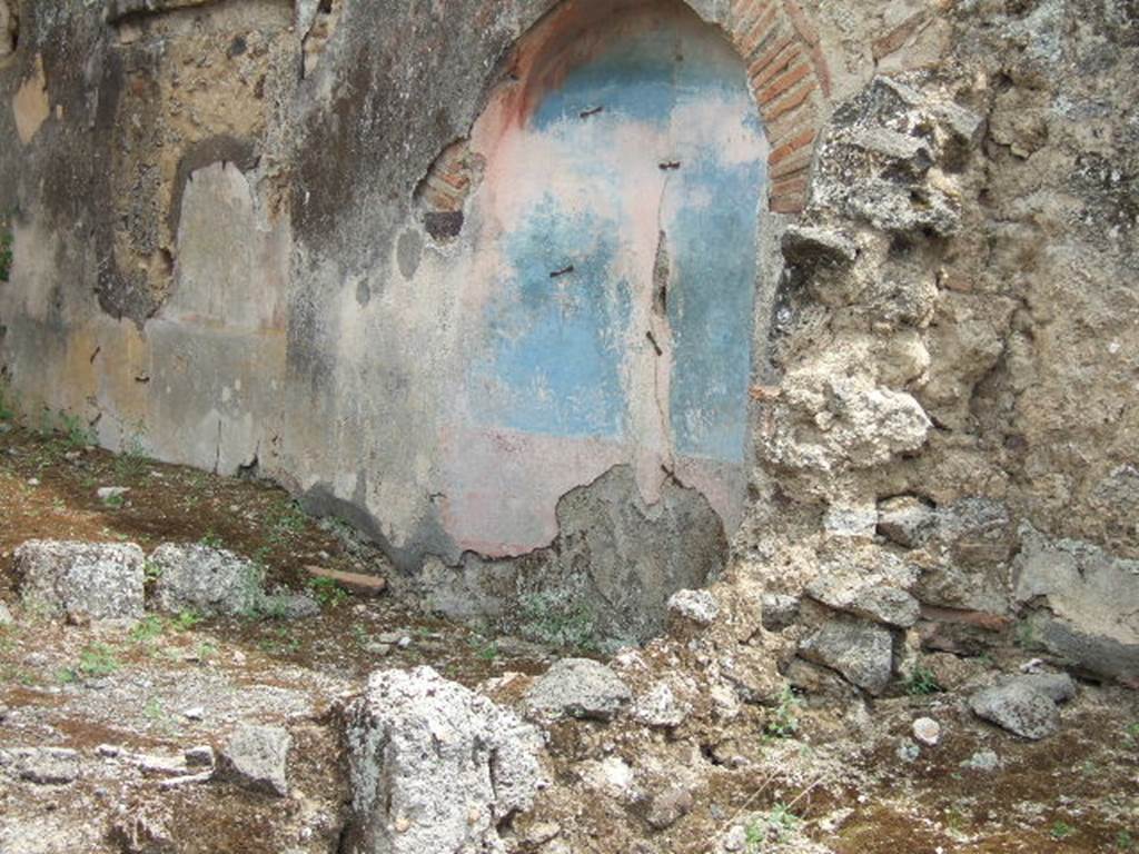 IX.2.7 Pompeii. May 2006. Arched niche painted blue in wall at rear of the pool. This had a painting of a nymph who held in her hands a crater-shaped fountain from which water fell.   The painted water was continued by a jet of real water which splashed into the pool.
See Jashemski, W. F., 1993. The Gardens of Pompeii, Volume II: Appendices. New York: Caratzas. (p.228).