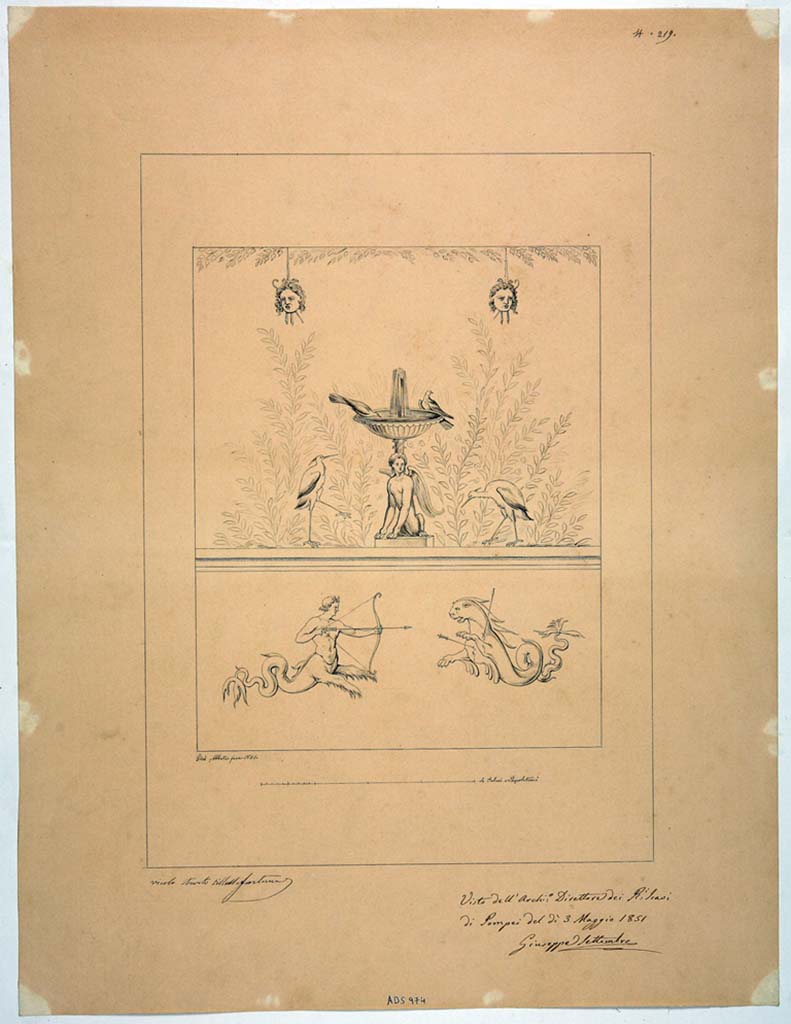 IX.2.7 Pompeii. Drawing by Giuseppe Abbate, 1851, of painted east wall of garden area, today totally faded. 
This drawing made a short time after the excavation remains, together with the description, the only evidence of the decoration.
See Helbig, W., 1868. Wandgemälde der vom Vesuv verschütteten Städte Campaniens. Leipzig: Breitkopf und Härtel, (1778b).
Now in Naples Archaeological Museum. Inventory number ADS 974.
Photo © ICCD. http://www.catalogo.beniculturali.it
Utilizzabili alle condizioni della licenza Attribuzione - Non commerciale - Condividi allo stesso modo 2.5 Italia (CC BY-NC-SA 2.5 IT)
