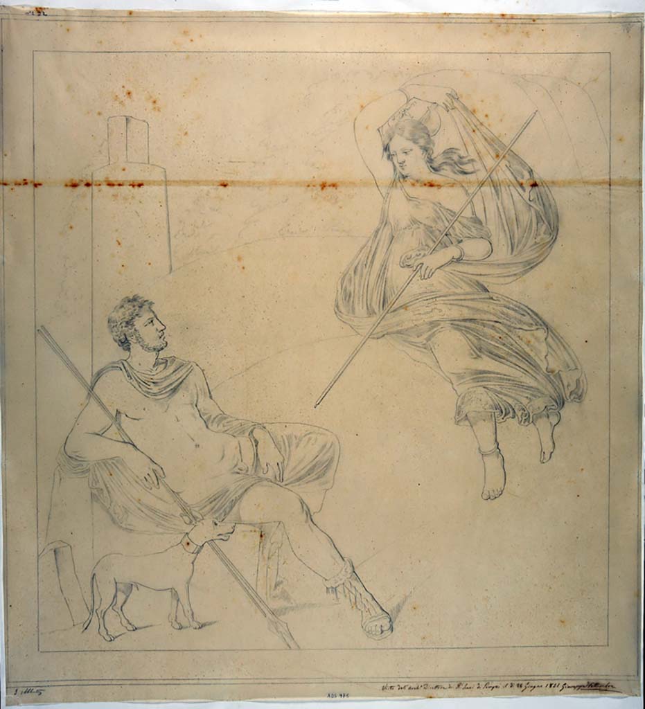 IX.2.10 Pompeii. Drawing by Giuseppe Abbate, 1851, of painting of Endymion and Selene found on wall of triclinium on 22nd April 1851. 
Now in Naples Archaeological Museum. Inventory number ADS 975.
Photo © ICCD. http://www.catalogo.beniculturali.it
Utilizzabili alle condizioni della licenza Attribuzione - Non commerciale - Condividi allo stesso modo 2.5 Italia (CC BY-NC-SA 2.5 IT)
The painting was detached and taken to Naples Museum, inv. 9246.