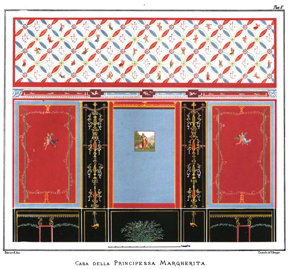 IX.2.10 Pompeii. 1877. Watercolour copy by G. Discanno of south wall of cubiculum.
According to Steeger, the graceful decoration of this cubicle has almost all disappeared, so this reproduction preserves for future times an image of the disappearing paintings.
In particular, the frieze of this wall is worthy of observation, because the design offers an example that resembles upholstery. 
The curves were marked first with the compass; the figures in the boxes are not painted in fretwork, because each one is different from the other.
A wide frame of very protruding stucco separates the frieze from the middle wall. 
The blue panel in the centre has the painting of Polyphemus and Galatea. 
The candelabras on the black vertical bands that divide the compartments and descend into the plinth, were executed with such finesse, that a small copy could not reproduce them perfectly.
See Steeger V., 1877. Le più belle pareti di Pompei. Torino: Loescher. Fasc. III, p. 7, Tav. VII.