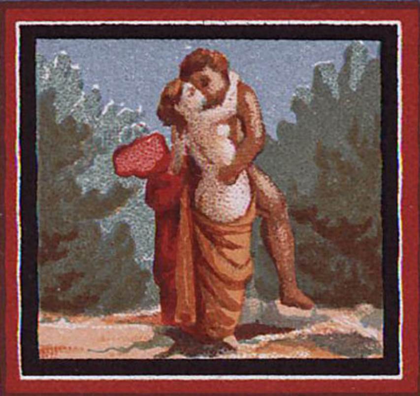 IX.2.10 Pompeii. 1886. Detail from watercolour by D’Amelio, of painting of Polyphemus and Galatea.
Galatea is seen from behind, half naked from her shoulders, embracing and joining to Polyphemus, who is sitting on a rock.
See D’Amelio P., 1886. Dipinti Murali di Pompei.  Naples: Richter. pl. 1.