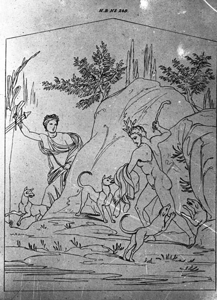 IX.2.16 Pompeii. W.359. Drawing of Artemis and Acteon from north wall, on the west side of doorway in cubiculum b. 
Photo by Tatiana Warscher. Photo © Deutsches Archäologisches Institut, Abteilung Rom, Arkiv. 
See Peters, W.J.T., 1963. Landscape in Romano-Campanian Mural Painting, (p.105, pl.91)
See Dawson, C., 1944. Romano-Campanian Mythological Landscape Painting, (p.80, pl.1)
