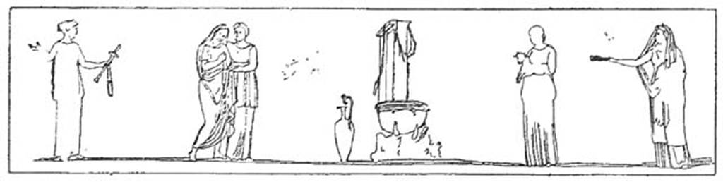 IX.2.16 Pompeii. Drawing of painting of the death of Pelias, from frieze on north wall.
Schefold: North wall, above Acteon: Pelias’s death by Medea. 
Helbig: The death of Pelias. Bearded Pelias with three of his daughters.  
On the far right is Medea with a bunch of herbs in her outstretched hand.
See Helbig, W., 1868. Wandgemälde der vom Vesuv verschütteten Städte Campaniens. Leipzig: Breitkopf und Härtel. 1261b.
See Reinach S., 1922. Répertoire de peintures grecques et romaines. Paris Leroux. Taf. 195,6.