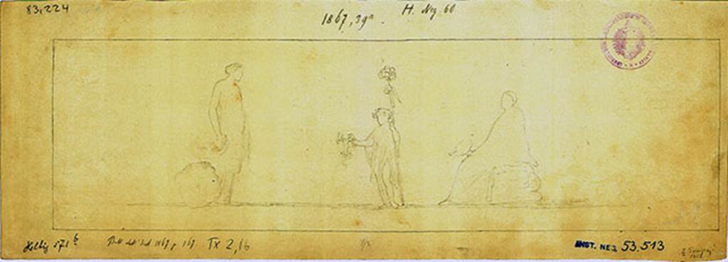IX.2.16 Pompeii. 1867 drawing of wall painting of Bacchus between nymphs, from the east wall. 
DAIR 83.224. Photo © Deutsches Archäologisches Institut, Abteilung Rom, Arkiv. 
See also http://arachne.uni-koeln.de/item/reproduktion/3314991
See Tatiana Warscher, W.355 http://arachne.uni-koeln.de/item/marbilderbestand/231939 
See Helbig, W., 1868. Wandgemälde der vom Vesuv verschütteten Städte Campaniens. Leipzig: Breitkopf und Härtel. (571b).
See Schefold, K., 1957. Die Wände Pompejis. Berlin: De Gruyter. (p.242 – Bacchus, Ephebe and nymph, but he says from west wall.) 
According to Bragantini, the east wall of the cubiculum had a dado which was discoloured and faded. 
The middle zone was red with an aedicula containing the painting of Theseus abandoning Ariadne.
In the side panels, on the purple frieze, were two paintings, on the left “Childhood of Dionysus”, on the right “Dionysus and the nymph” 
See Bragantini, de Vos, Badoni, 1986. Pitture e Pavimenti di Pompei, Parte 3. Rome: ICCD. (p.413-4, cubicolo ‘b’)