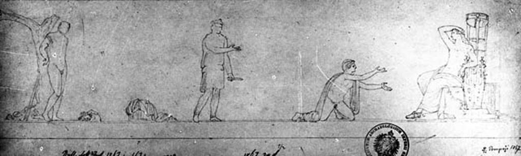IX.2.16 Pompeii. W.356. Drawing of wall painting of Apollo and Marsyas, from the south wall. Photo by Tatiana Warscher. 
DAIR 83.225. Photo © Deutsches Archäologisches Institut, Abteilung Rom, Arkiv.
