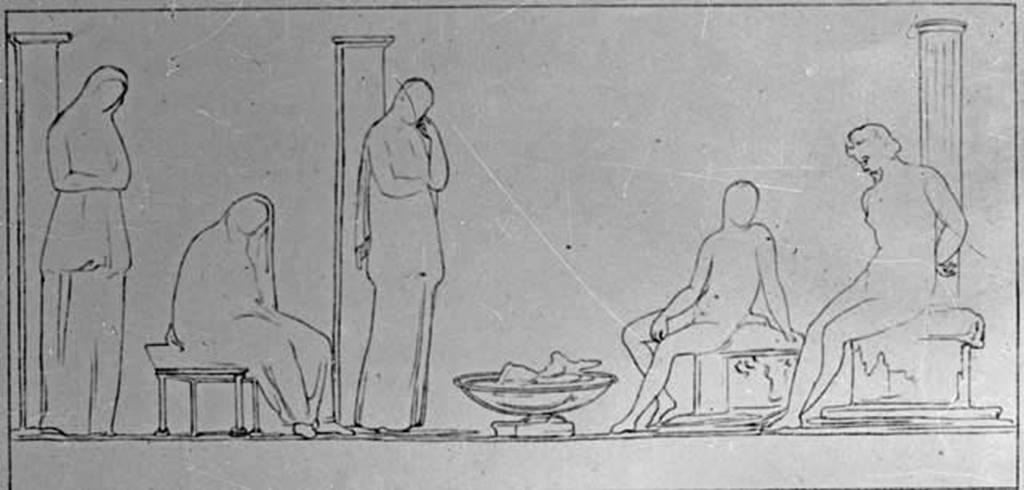 IX.2.16 Pompeii. W.362. Drawing of wall painting showing Orestes and Pylades, from the south wall. 
Photo by Tatiana Warscher. Photo © Deutsches Archäologisches Institut, Abteilung Rom, Arkiv. 
See http://arachne.uni-koeln.de/item/marbilderbestand/230735 
Three women and two men. The bearded man on the right, next to the column, has his hands tied behind his back. 
See Helbig, W., 1868. Wandgemälde der vom Vesuv verschütteten Städte Campaniens. Leipzig: Breitkopf und Härtel. (1401b item 1).
See Schefold, K., 1957. Die Wände Pompejis. Berlin: De Gruyter. (p. 242).
See Reinach S., 1922. Répertoire de peintures grecques et romaines. Paris Leroux. Taf. 170,5.
According to Bragantini, the west wall of the cubiculum had a discoloured dado which had faded.
The middle zone of the wall was red with a central painting of Atalanta and Meleager.
In the side panels, on the purple frieze, were two paintings, on the left “Paris and the hunters”, on the right, “Hunters and dog”
The upper zone was painted with architectural designs including cariatyds, sirens and dancers.
See Bragantini, de Vos, Badoni, 1986. Pitture e Pavimenti di Pompei, Parte 3. Rome: ICCD. (p.413-4, cubicolo ‘b’)
According to Sogliano, the painting of Meleager had faded and vanished.
See Sogliano, A., 1879. Le pitture murali campane scoverte negli anni 1867-79. Napoli: Giannini. (p.89, no.509)