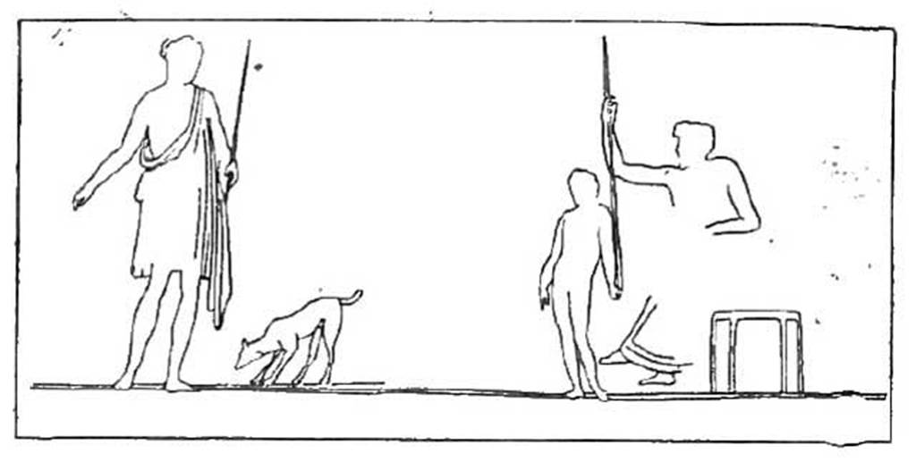 IX.2.16 Pompeii. Drawing of wall painting, showing possibly Paris and the Hunters, from the west wall. 
See Helbig, W., 1868. Wandgemälde der vom Vesuv verschütteten Städte Campaniens. Leipzig: Breitkopf und Härtel. (1401b, item 4)
Schefold describes a king, a youth with Phrygian cap, possibly Paris or Absyrtus, and a hunter.
See Schefold, K., 1957. Die Wände Pompejis. Berlin: De Gruyter. (p. 242).
See Reinach S., 1922. Répertoire de peintures grecques et romaines. Paris Leroux. Taf. 217,5.