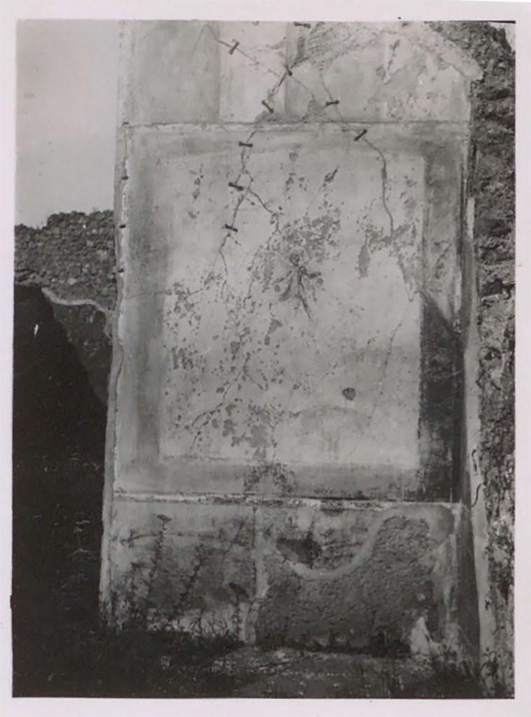 IX.2.16 Pompeii. Pre-1943. 
Looking towards west wall in north-west corner of tablinum.
In the centre of the panel is a flying cupid, this would have been opposite the Psyche on the east wall in north-east corner.  
(il muro ovest del tablino: alla rappresentazione di Psiche corrisponde un eros.)
See Warscher, T. 1942. Catalogo illustrato degli affreschi del Museo Nazionale di Napoli. Sala LXXXII. Vol.4. Rome, Swedish Institute.