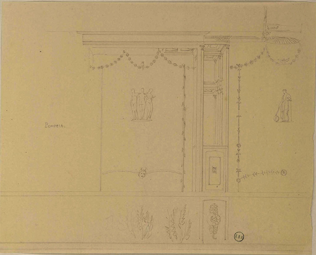 IX.2.16 Pompeii. Sketch of south wall of tablinum by Jean-Baptiste Ciceron Lesueur (1794-1883), with the central painting of the Three Graces.
See Lesueur, Jean-Baptiste Ciceron. Voyage en Italie de Jean-Baptiste Ciceron Lesueur (1794-1883), p. 86/133.
See Book on INHA reference INHA NUM PC 15469 (04)  « Licence Ouverte / Open Licence » Etalab