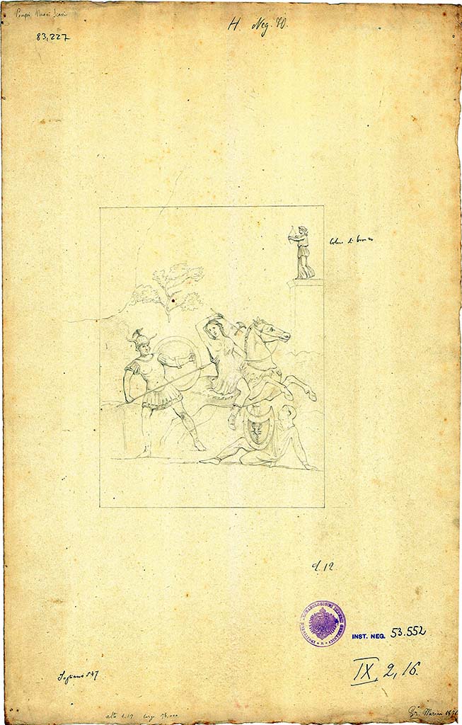 IX.2.16 Pompeii. 1871 drawing by G. Mariani of painting of Bellerophon and Amazons.
From the north wall of the triclinium.
DAIR 83.227. Photo © Deutsches Archäologisches Institut, Abteilung Rom, Arkiv. 
See also http://arachne.uni-koeln.de/item/marbilder/5343127