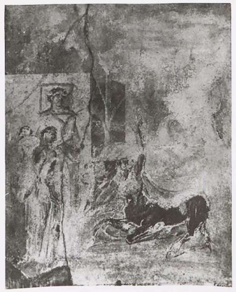IX.2.16 Pompeii. Pre-1943. Detail from painting of Hercules and Nessus from west wall of exedra/triclinium. 
Photo by Tatiana Warscher.
See Warscher, T. Codex Topographicus Pompeianus, IX.2. (1943), Swedish Institute, Rome. (no.54.), p. 123.