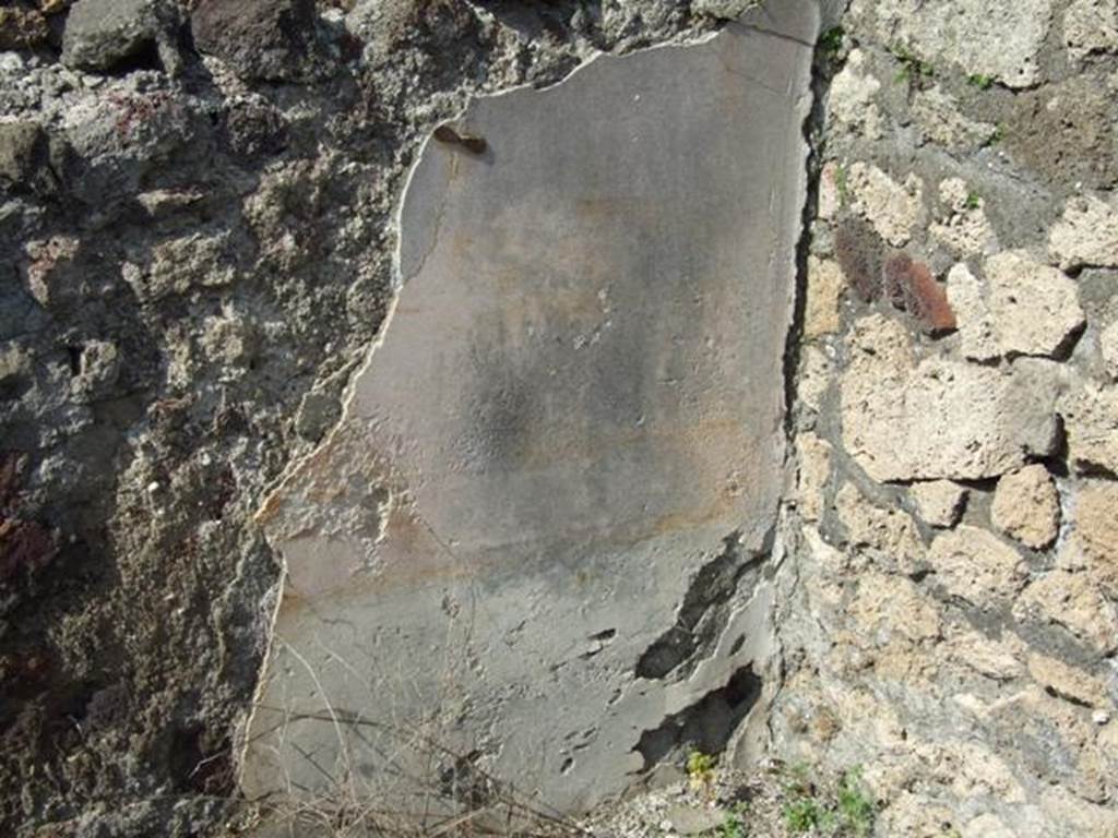 IX.2.17 Pompeii. March 2009. Room 7, exedra.  Remains of painted plaster in north-east corner. The zoccolo would have been red, but now completely discoloured, the middle zone of the wall would have had yellow panels.