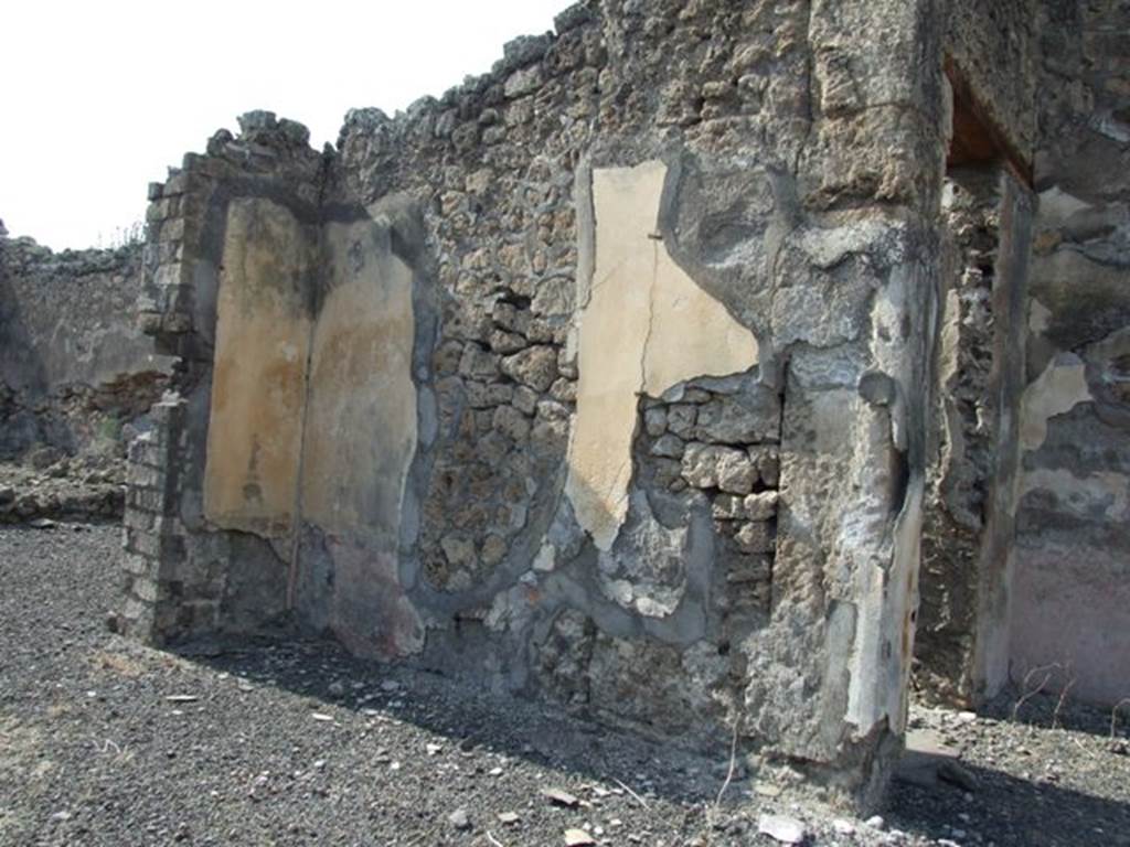 IX.2.18 Pompeii. March 2009. Room 5, north wall of tablinum.  The zoccolo would have been red, the side panels would have been yellow and showed a slight trace of a flying figure, see Sogliano 823.
The large gap in the middle of the wall would have been made in ancient times, and would account for the loss of the entire middle panel and part of the red zoccolo.
See Bragantini, de Vos, Badoni, 1986. Pitture e Pavimenti di Pompei, Parte 3. Rome: ICCD.  (p.420)
See Sogliano, A., 1879. Le pitture murali campane scoverte negli anni 1867-79. Napoli: Giannini. (p. 158, no: 823)
