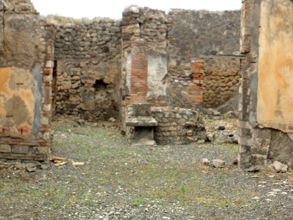 IX.2.18 Pompeii. May 2005. Looking west through tablinum to garden area.
In the west wall on either side of the doorway, the zoccolo would have been red of a geometric type with rectangular decorations.
In the centre of the yellow panels of the middle zone would have been a vignette of a flying cupid.
North of the doorway would have been a flying cupid holding up a vase/pot on her shoulder (See Sogliano, 318).
South of the doorway would have been a flying cupid holding a pyx or a box (See Sogliano, 312). 
See Sogliano, A., 1879. Le pitture murali campane scoverte negli anni 1867-79. Napoli: Giannini. (p. 58/9, nos. 312 and 318).